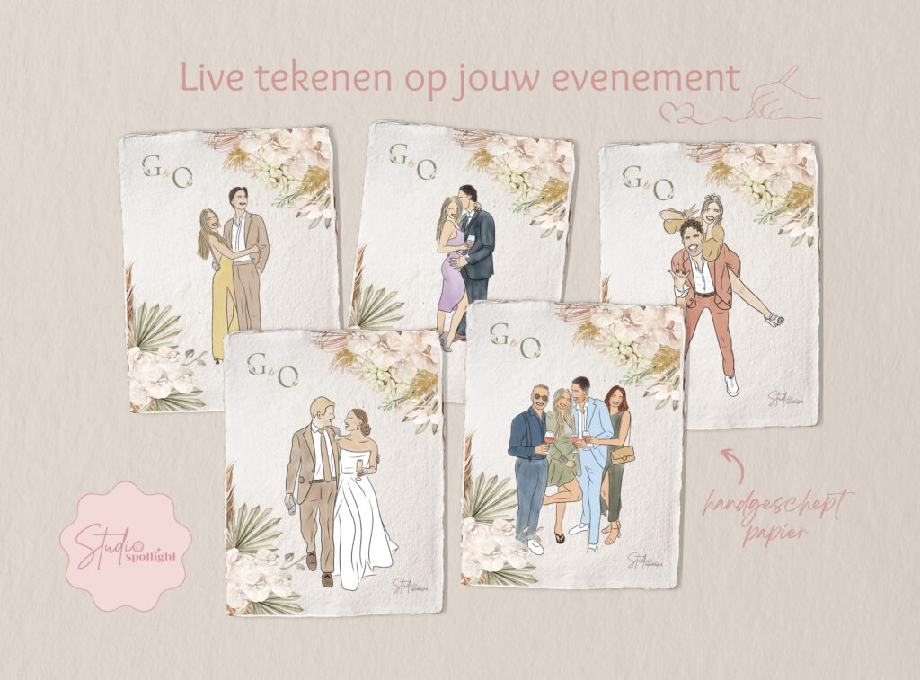 Live tekenen met illustraties van gasten op een bruiloft