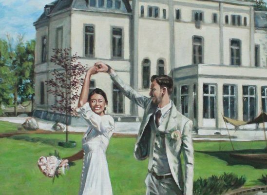 Live schilderij dansend bruidspaar bij Trouwlocatie Delbrock in Maastricht