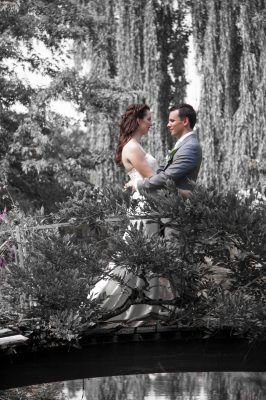 Bruidspaar tussen de dennenbomen