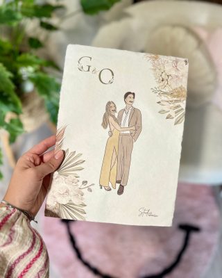 Gedrukte illustratie live getekend van gasten op bruiloft