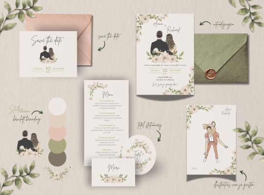 Bruiloft drukwerk en design gecombineerd met handgemaakte illustraties