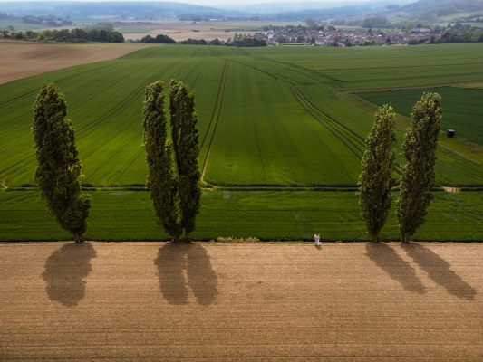 Drone shot over groen gebied met uitzicht
