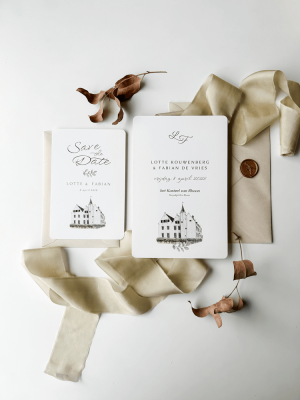 Trouwkaart en save the date bruiloft met tekening trouwlocatie